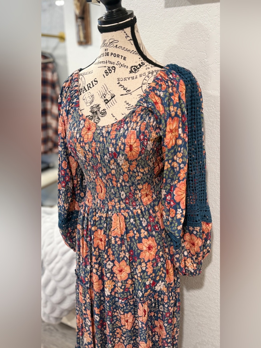 Angie Floral Maxi Dress Medium Boho Cottagecore Smocked Crochet Sleeve 100%Rayon - Picture 3 of 8